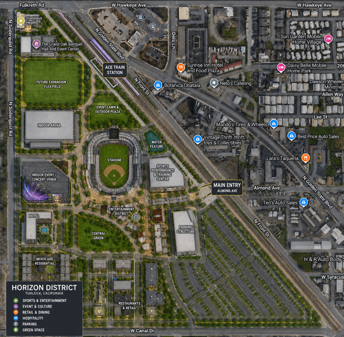 Turlock Horizon District concept site plan — 90 acres showing Indoor Arena, Stadium, Media District, Hotel, Entertainment District, Central Green, Mixed-Use Residential, Parking Structure, and ACE Train Station access